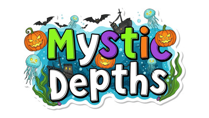 Mystic Depths Illustration: A whimsical illustration transports viewers to a world of mythical wonders beneath the waves, brimming with Halloween delight. 
