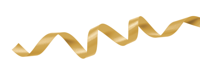 Gold ribbon satin bow curly scroll png isolated on transparent background for Christmas, birthday and wedding card confetti design decoration