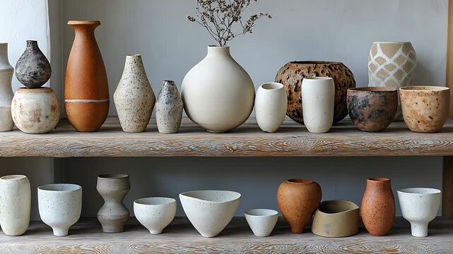Static shot: A collection of ceramic vases and pottery displayed on rustic wooden shelves.
