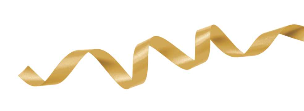Gold ribbon satin bow curly scroll png isolated on transparent background for Christmas, birthday and wedding card confetti design decoration
