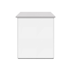 White blank tradeshow promotional table for brand design. Realistic 3d vector mockup. Portable exhibition trade show counter stand. Mock-up. Reception desk. Template