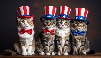 Four adorable cats dressed in patriotic Uncle Sam hats and bow ties pose side by side, celebrating in red, white, and blue.