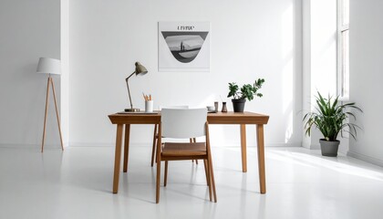 Minimalist Office Interior with Wooden Desk and Chair Arrangement Under Natural Sunlight