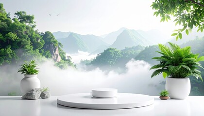 White Cylindrical Display Platform with Potted Plants against a Misty Mountain Landscape
