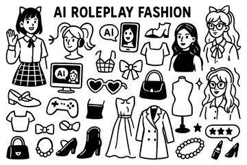 AI roleplay fashion doodle with virtual styling, avatars, and digital clothing icons, Transparent Background