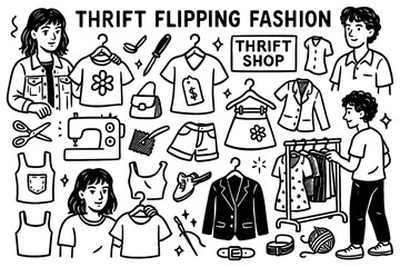 Thrift flipping fashion doodle with secondhand clothing, sewing tools, and upcycling elements, Transparent Background