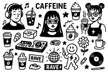 Coffee raves doodle with energetic party people, coffee cups, and music icons, Transparent Background