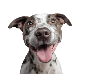 Pet dog, dog face close-up, happy cute smiling pet dog, pet dog portrait, isolated on a transparent background, professional pet photography