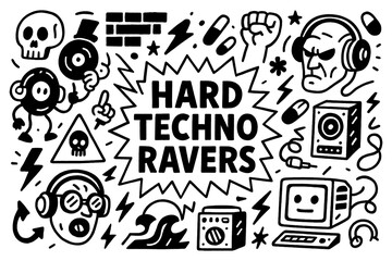 Obraz premium Hard techno rave doodle with underground music, DJ gear, and dark club aesthetic, Transparent Background
