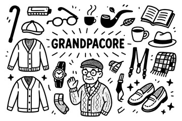 Grandpacore doodle with vintage menswear and cozy old man aesthetic, Transparent Background