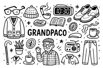 Grandpacore doodle with vintage menswear and cozy old man aesthetic, Transparent Background