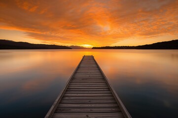 Sunrise over a tranquil lake featuring a wooden jetty and vibrant orange hues