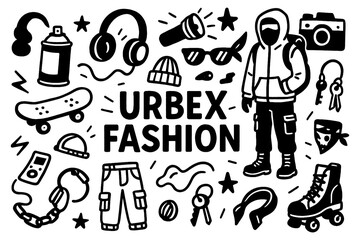 Urbex fashion doodle with streetwear clothing, backpack, and exploration gear, Transparent Background