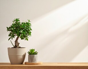 Two Potted Plants on a Wooden Surface Against a Blank Cream Colored Wall