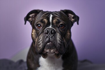 Loyal dark-coated Bulldog gazing at the camera with brown eyes on a pastel purple backdrop