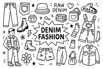 Denim fashion doodle with jeans, jackets, skirts, and casual accessories, Transparent Background
