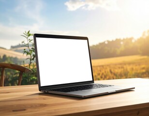 Laptop Displaying Blank Screen on Wooden Table with Nature Background and Warm Sunlight