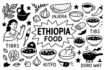 Ethiopian traditional food doodle with injera, tibs, and doro wat dishes, Transparent Background