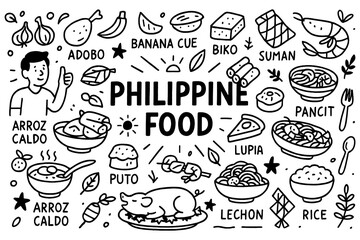 Philippine food doodle with traditional dishes, snacks, and national cuisine icons, Transparent Background