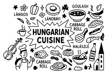Hungarian traditional food doodle with haluski, dumplings, and stuffed peppers, Transparent Background