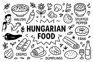 Hungarian traditional food doodle with haluski, dumplings, and stuffed peppers, Transparent Background