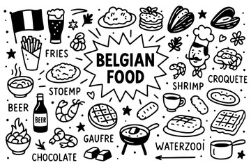 Belgian traditional food doodle with waffles, fries, and beer icons, Transparent Background