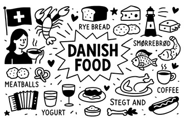 Danish traditional food doodle with pastries, beer, and national cuisine icons, Transparent Background
