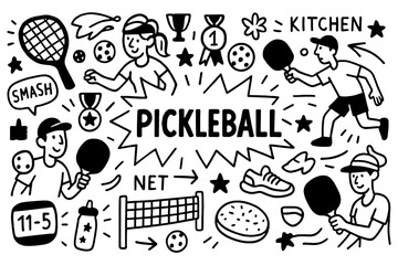 Pickleball doodle with players, paddles, balls, and court icons, Transparent Background