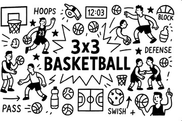 3x3 basketball doodle with players, hoops, and game strategy icons, Transparent Background