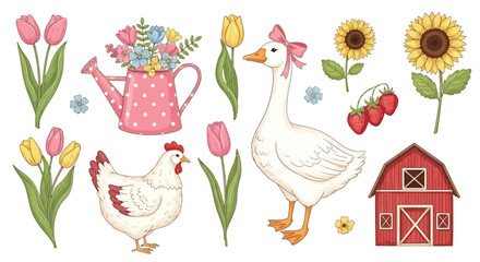 Charming Farmyard Scene with Rooster, Goose, Barn, Flowers, and Garden Elements