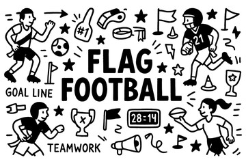 Flag football doodle with players, ball, strategy symbols, and touchdown elements, Transparent Background