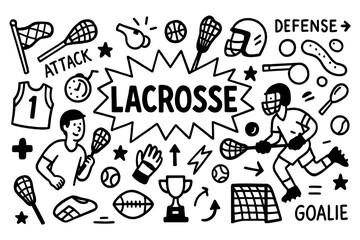 Lacrosse doodle with players, sticks, goals, and sports equipment icons, Transparent Background