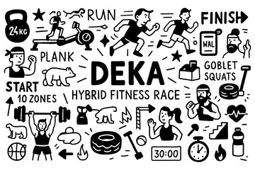 Deka hybrid fitness race doodle with athletes, gym equipment, and workout icons, Transparent Background