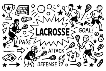 Lacrosse doodle with players, sticks, goals, and sports equipment icons, Transparent Background