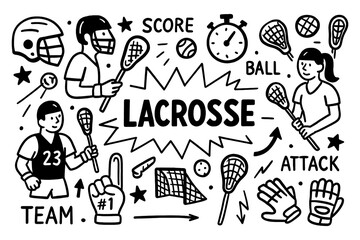 Lacrosse doodle with players, sticks, goals, and sports equipment icons, Transparent Background