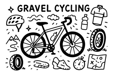 Gravel cycling doodle with riders, bikes, and mountain trail adventure elements, Transparent Background