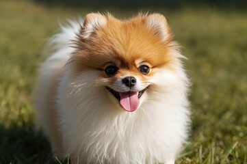 Adorable small Pomeranian puppy enjoying a sunny outdoor stroll with its tongue out