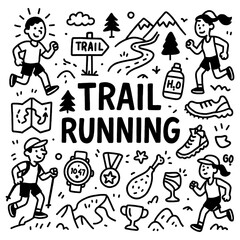 Trail running doodle with runners, mountains, medals, and outdoor adventure icons, Transparent Background
