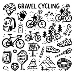 Gravel cycling doodle with riders, bikes, and mountain trail adventure elements, Transparent Background