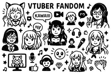 Vtuber fandom doodle with anime girls streaming icons gaming and fan gifts, Transparent Background