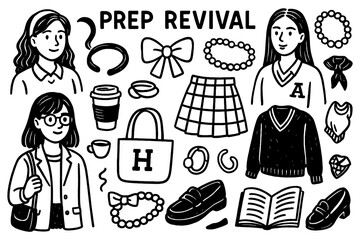Prep revival fashion doodle with preppy outfits accessories and lifestyle icons, Transparent Background