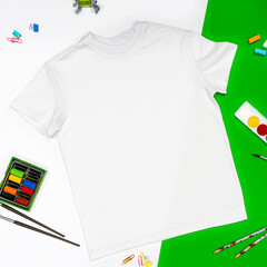 Trendy fashion T-shirt white styled basic clothes and accessories collection on white and green...