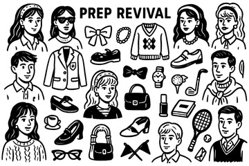 Prep revival fashion doodle with preppy outfits accessories and lifestyle icons, Transparent Background