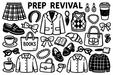 Prep revival fashion doodle with preppy outfits accessories and lifestyle icons, Transparent Background