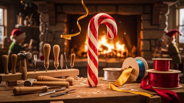 Elf Working in Santa's Workshop Creating Christmas Candy Cane