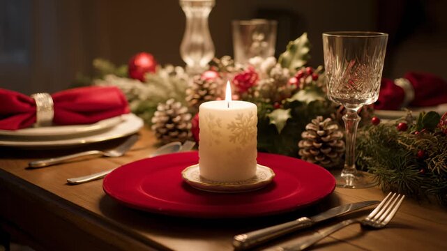 Person Placing a Candle on a Festive Dinner Table With Christmas Decorations