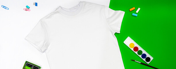 Trendy fashion T-shirt white styled basic clothes and accessories collection on white and green...