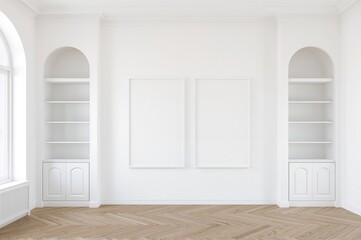 Fototapeta premium Bright and spacious lounge area featuring empty white frames, a wide window, integrated shelving, pale walls, curved doorways, and wooden flooring. Minimalist design.