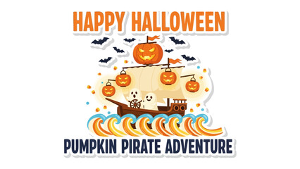 Pumpkin Pirate Adventure: A whimsical illustration of a Halloween scene featuring a pirate ship, jack-o'-lanterns, and bats, offering a spirited and playful aesthetic for Halloween.