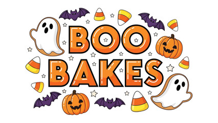Halloween Boo Bakes Delight: A whimsical Halloween-themed illustration with the phrase Boo Bakes, surrounded by playful elements of spooky season treats. 
